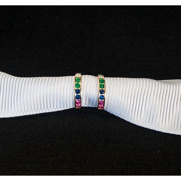 10K Gold Tiny Hoop Earrings, Multi-Color Rainbow CZ Gemstone, 11mm Everyday Wear - Picture 4 of 6